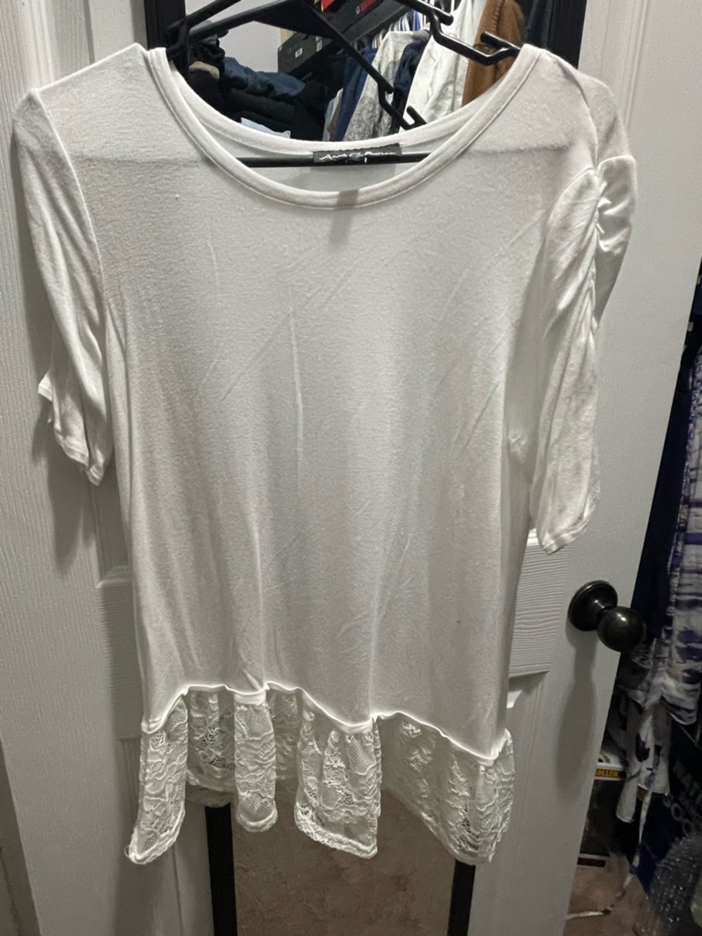 White Short Sleeve Top with Lace Hem